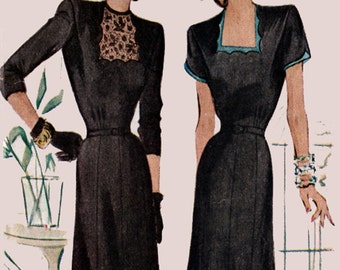 Vintage 40s Swing Era Dress Scalloped Square Neckline Sewing pattern McCall 7025 Glamorous 1940s Vintage Sewing Pattern Size 12 Bust 32