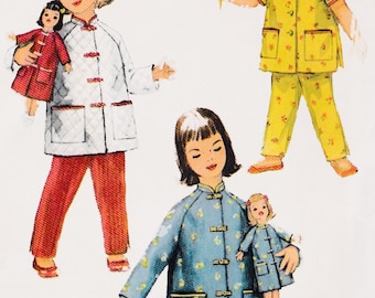 1950s Girls Lounging Pajamas, Bathrobe w/ Matching Doll Coat Pattern Fits Posie, Saucy Walker Dolls SIMPLICITY 1785 Childrens Size 4  UC/FF