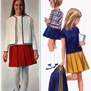 1960s Girls MOD Box Jacket, Pleated Skirt and Blouse Butterick 4572 Vintage 60s Sewing Pattern Size 4  UNCUT