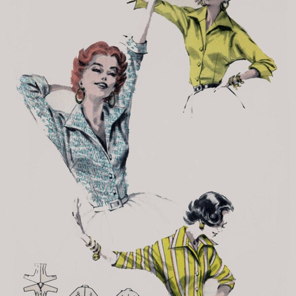 Vintage 1950s Quick' N Easy Italian Shirt Stand up Collar Rockabilly Blouse Sewing Pattern  Butterick 7731 Size 14 Bust 32