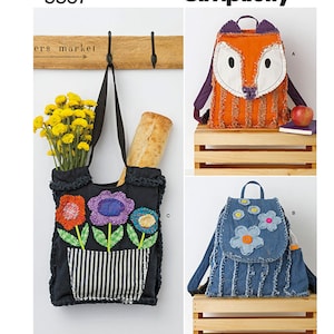 Rag Tote Bags or Back Packs Flower or Fox Simplicity 8357 Longia Miller Design UNCUT