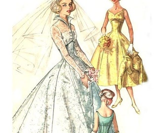 Vintage 50s Sweetheart Wedding Dress Pattern, Empire Waist, Wing Collar Jacket, Simplicity 2066, Size 12, Bust 32