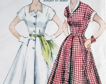 Vintage 1950s  Half Size Dress Kimono Sleeves Flared Skirt Shaped Neckline Simplicity 3878 50s Rockabilly Sewing Pattern Size 18.5 B37 UC