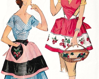 Vintage 1940s, Full Bibbed Apron or Half Apron, Strawberry Motif, With 4 Color Transfer, One Size McCalls 1877