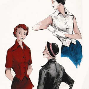 May include: Three women wearing different styles of blouses. The woman on the left is wearing a red blouse with short sleeves and a button-up collar. The woman in the center is wearing a black jacket with a button-up collar. The woman on the right is wearing a white sleeveless blouse with a button-up collar.