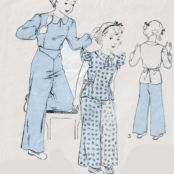 Vintage 1930s CUTEST Children's Girls Lounging PAJAMAS Blouse Top High Waist Trousers Pants Size 4