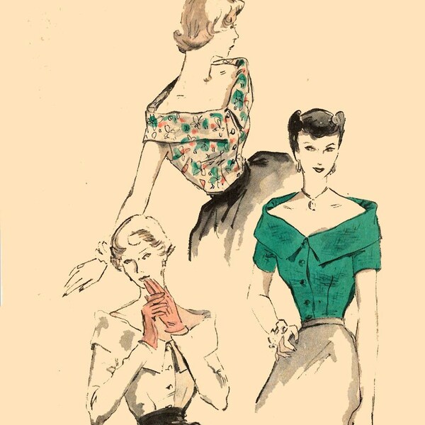 Vintage 1940s Blouse Off Shoulder Neckline Wide Collar Fitted Midriff Sewing Pattern Butterick 4888 40s Swing Era Size 16 Bust 34