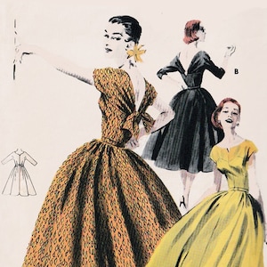 Vintage 50s ROCKABILLY Dress with Dipping Shawl Tie Back Neckline Sewing Pattern Size 14 Bust 32 image 1