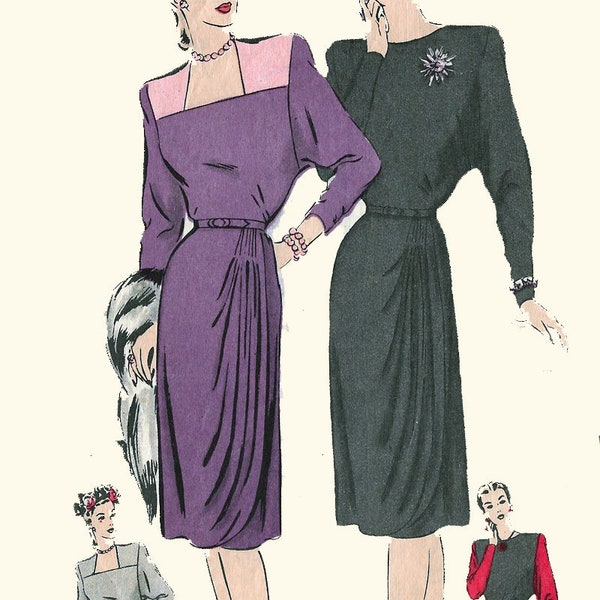 Vintage 1940s FILM NOIR Cocktail Dress Draped and Pleated Overskirt Square or Bateau Neckline Sewing Pattern Hollywood 1683 Size 12 B30