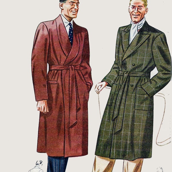 Vintage 1940s Mens Long Shawl Collar Robe/ Smoking Jacket Welt Pockets Vintage Sewing Pattern Simplicity 4349 40s WWII Era Pattern Chest 42