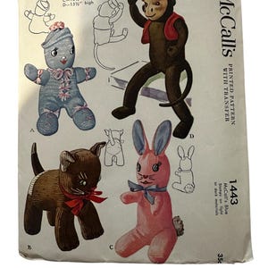 1940s Rare Original McCall&#39;s 1443 Sewing Pattern Stuffed Sock Toys Cat Doll Bunny Monkey UNCUT