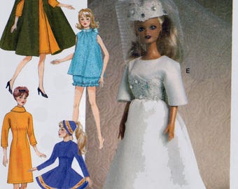 Retro-Style Clothes and Accessories Sewing Pattern for 11 1/2 inch Doll McCalls Crafts 7267 Barbie Doll Wardrobe UNCUT Bridal Gown PJs Cape