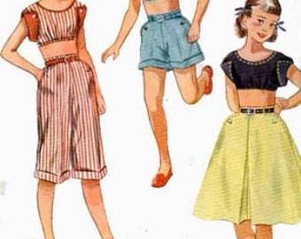 Vintage 1950s Girls Fitted Midriff Top Pedal Pushers, Shorts and Shirt Sewing pattern Simplicity 3293 50s Rockablly Style Size 7