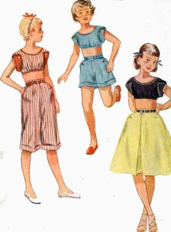 Vintage 1950s Girls Fitted Midriff Top Pedal Pushers Shorts and Shirt Sewing Pattern Simplicity 3293 50s Rockablly Style Size 7 Etsy