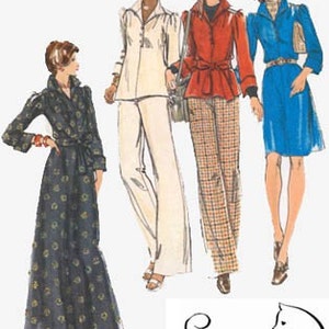 May include: Four women wearing different outfits. The woman on the left is wearing a long, dark blue dress with a white pattern. The woman in the center is wearing a red jacket with a white belt and plaid pants. The woman on the right is wearing a blue dress with a white collar and a white hat. The woman in the back is wearing a white pantsuit.