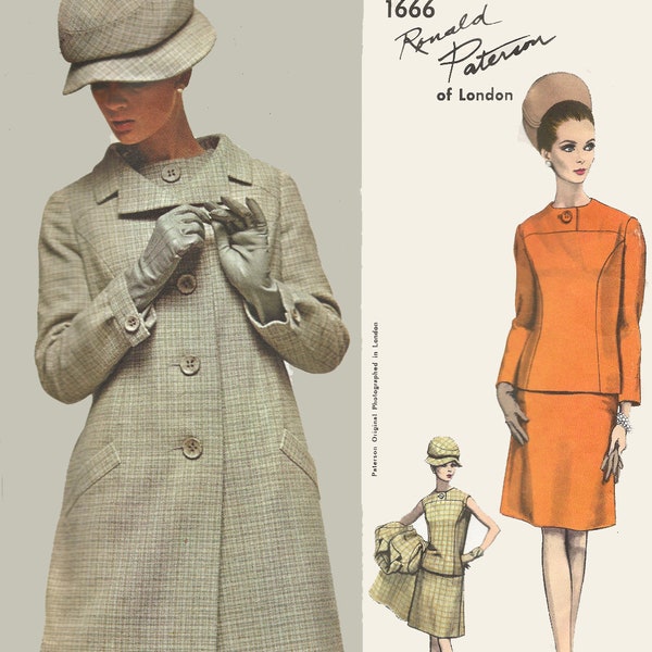 Vintage 60s Designer Ronald Paterson Coat and Two Piece Dress Sewing Pattern Vogue Couturier Design 1666 w/ Sew in Label Sz 14 B 34 UNCUT