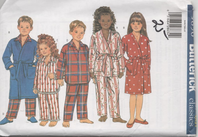 Childrens Pajamas Christmas Pajamas Wrap Robe Belt Top and Pants Sewing Pattern Butterick 5856 Size Small Xlg 4-14 UNCUT image 2