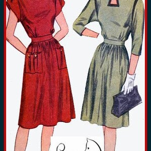 May include: Two vintage illustrations of women wearing dresses. The woman on the left is wearing a red dress with a scoop neck and short sleeves. The woman on the right is wearing a green dress with a high neck and three-quarter sleeves. Both dresses have a gathered skirt.