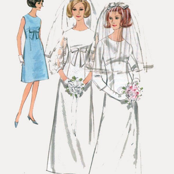 Vintage 1960s Wedding Dress Sewing Pattern Simplicity 7084 Empire Waist Sleeve Variation Bridal or Bridesmaids Dress Size 12 Bust 32 UNCUT