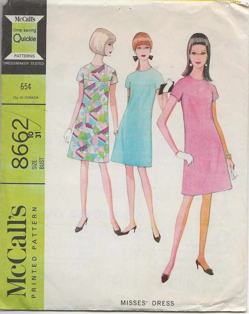 Vintage 1960s Mod A Line Dress Kimono Sleeve Yoked French Darts Sewing Pattern McCalls 8662 60s Pattern Size 10 Bust 31 image 2