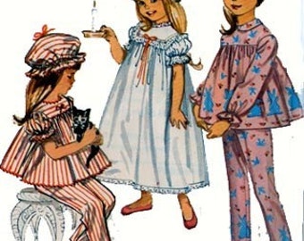 Vintage 60s Simplicity 5080 Childs Christmas Pajamas and Nightgown and Cap Size 2