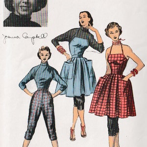 Vintage 50s Rockabilly Halter Apron Dress Tapered Capri Pants/ Blouse Am. designer Jeanne Campbell Sewing Pattern Advance 5992 Size 14 B 32