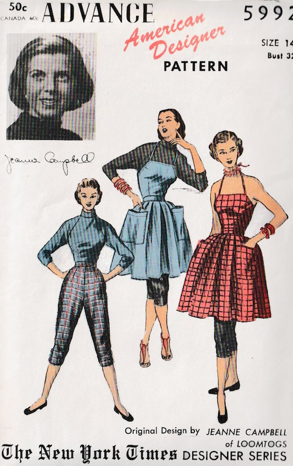 Vintage 50s Rockabilly Halter Apron Dress Tapered Capri Pants/ Blouse Am.  Designer Jeanne Campbell Sewing Pattern Advance 5992 Size 14 B 32 - Etsy