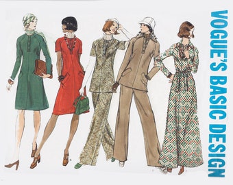 Vintage jaren 1970 mod midi of maxi jurk tuniek en broek naaipatroon Vogue basisontwerppatroon 2949 maat 12 buste 34