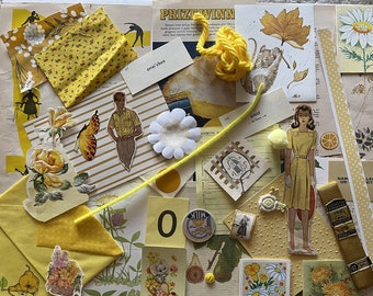 May include: A yellow and white collage featuring a variety of textures and patterns. The collage includes images of flowers, butterflies, a man in a yellow shirt, a woman in a yellow dress, and a yellow ball of yarn. The collage also features a yellow envelope, a yellow pipe cleaner, and a yellow number zero.