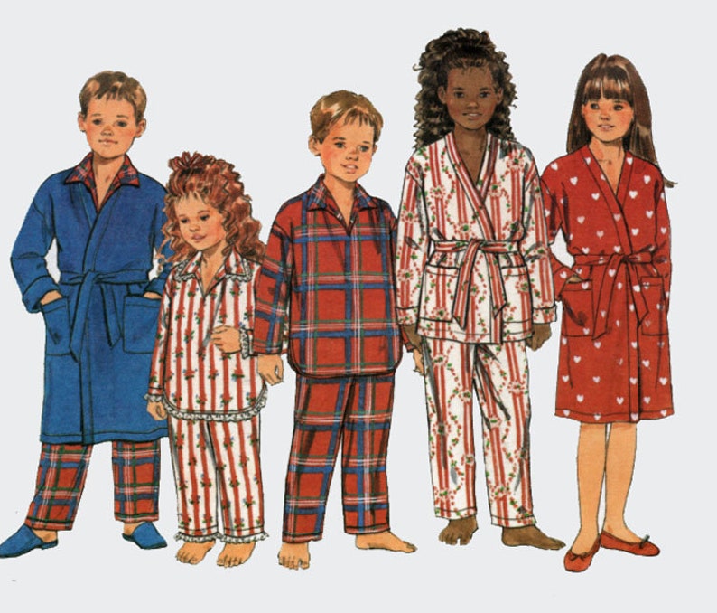 Childrens Pajamas Christmas Pajamas Wrap Robe Belt Top and Pants Sewing Pattern Butterick 5856 Size Small Xlg 4-14 UNCUT image 1