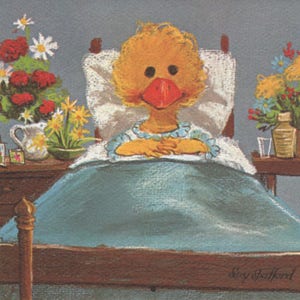 Cartão de felicitações vintage dos anos 70 do zoológico de Suzy Melhoras Pato Suzy Spafford