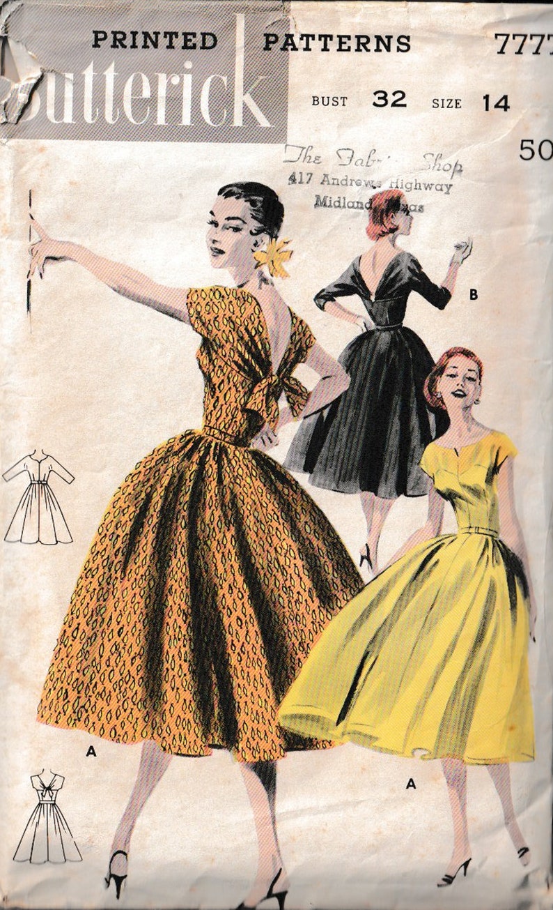 Vintage 50s ROCKABILLY Dress with Dipping Shawl Tie Back Neckline Sewing Pattern Size 14 Bust 32 image 2