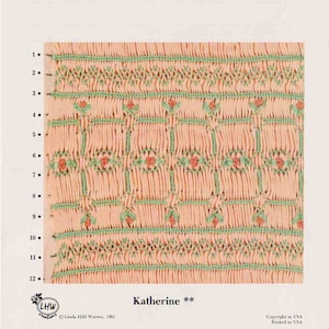 May include: A close-up of a pink and green embroidered fabric with a repeating pattern of flowers and geometric shapes. The fabric is labeled "Katherine" and is a cross stitch pattern.