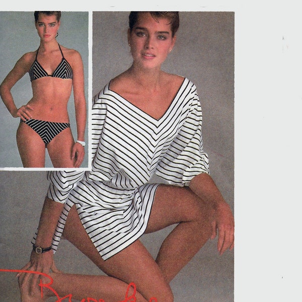 Vintage 1980s Bikini Swimsuit, Cover Up Easy Sewing Pattern McCalls 8583 Brooke Shields Bathing Suit Size 8 Buts 31.5