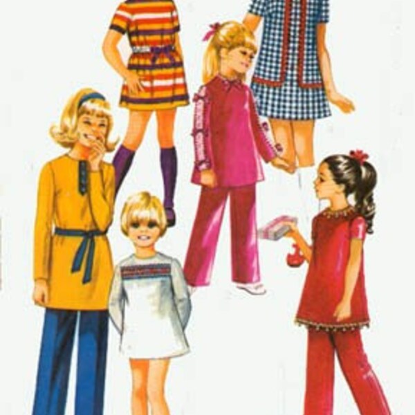 1970s Girls Mini Dress, Tunic Top and Pants Simplicity 9093 Vintage 70s Sewing Patterns Size 5 UNCUT