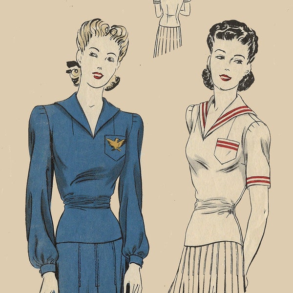 vintage 1940S Sailor Military Blouses Bishop or Short Buttoned Band Cuff Sleeves EASY Sewing Pattern Vogue 8941 40s Swing Era Taille 14 B32