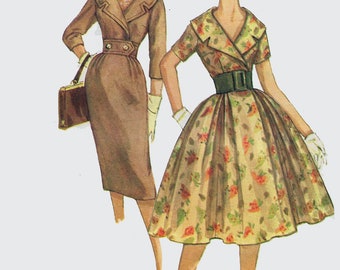 1950s WIGGLE Dress Simplicity 3068 Full Skirt w/ Fitted Bodice Wide Shawl Collar Vintage 50s ROCKABILLY Size 14 Bust 34