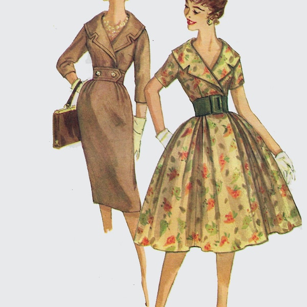 1950s WIGGLE Dress Simplicity 3068 Full Skirt w/ Fitted Bodice Wide Shawl Collar Vintage 50s ROCKABILLY Size 14 Bust 34