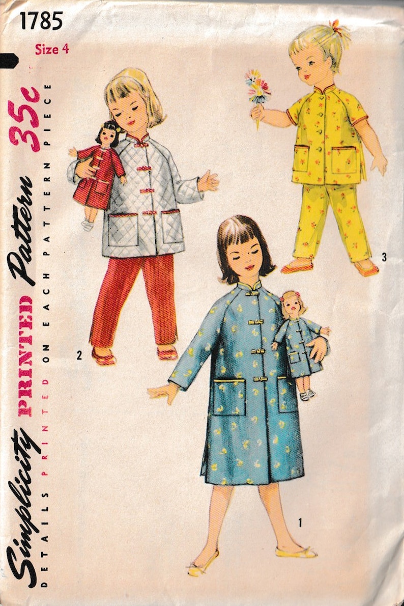 1950s Girls Lounging Pajamas, Bathrobe W/ Matching Doll Coat Pattern