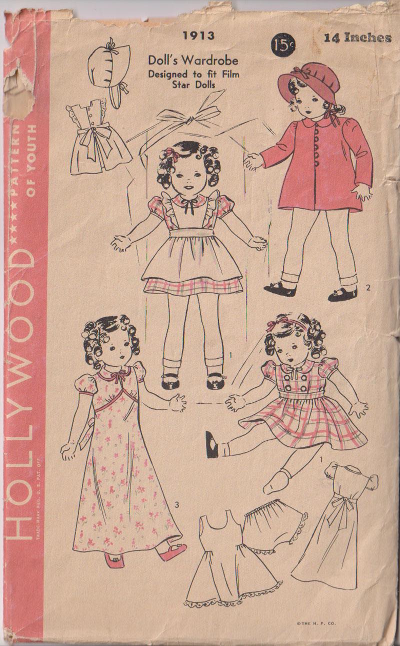1930s Vintage Hollywood Sewing Pattern 1913 14 Inch Film Star Doll Clothes Set