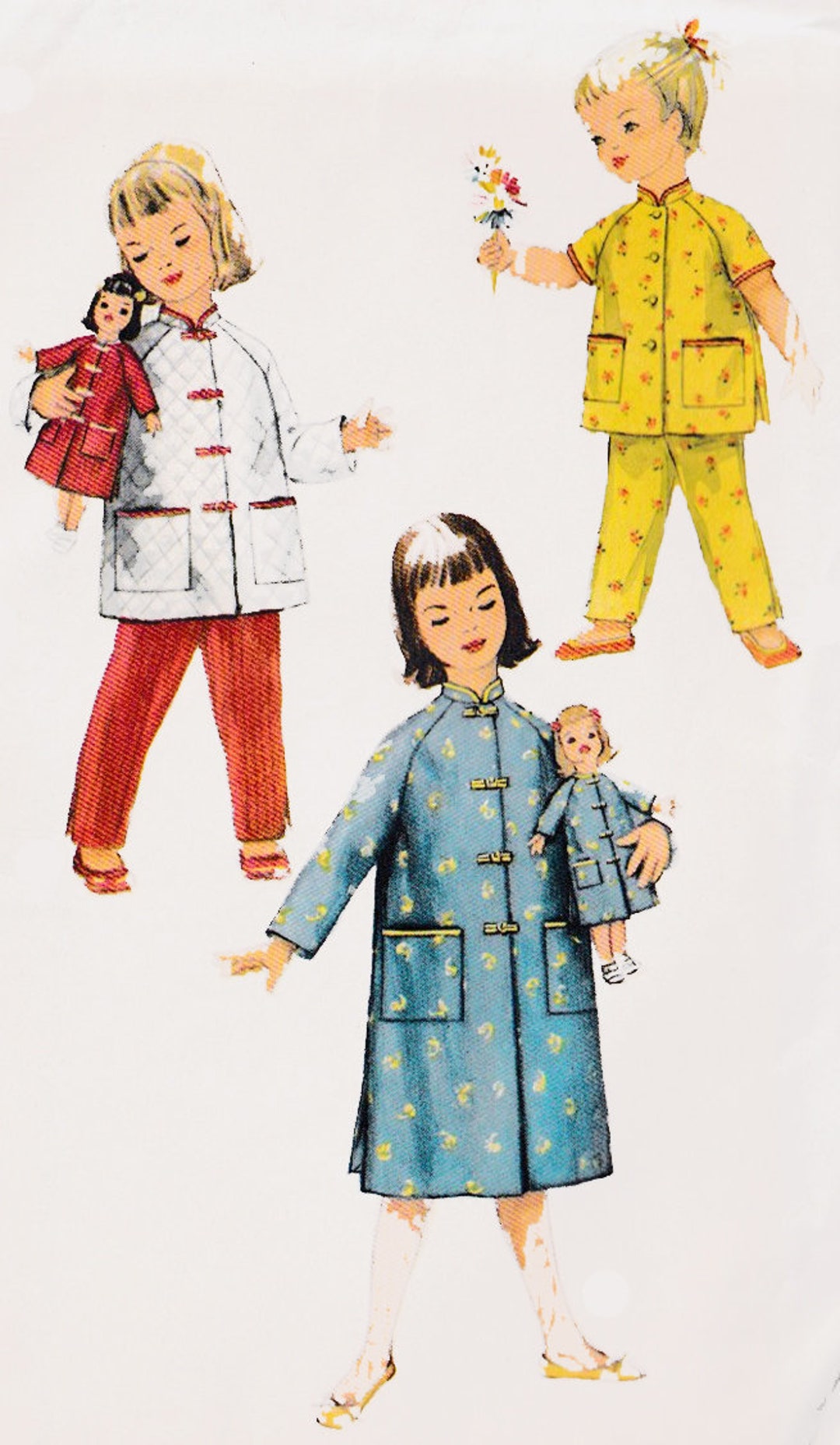 1950s Girls Lounging Pajamas, Bathrobe W/ Matching Doll Coat Pattern