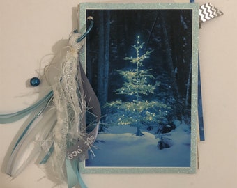 Handmade CHRISTMAS Junk Journal vintage greeting card Ring-Bound Journal Mixed Media Memory Album Keepsake book Beautiful Blue Tree & Snow