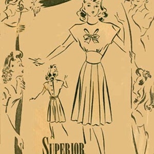 Op de afbeelding: Een vintage illustratie van een naaipatroon met vier vrouwen die verschillende jurken dragen. Het patroonnummer 6691 is zichtbaar in de linkerbovenhoek. De tekst "Superior Pattern" is onderaan de afbeelding gedrukt.
