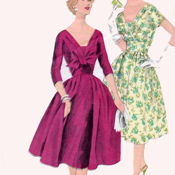 Vintage jaren 1950 volledige rok jurk w/diepe V hals bodice draperen Vogue Special design 4011 50s Vogue naaien patroon maat 14 buste 36