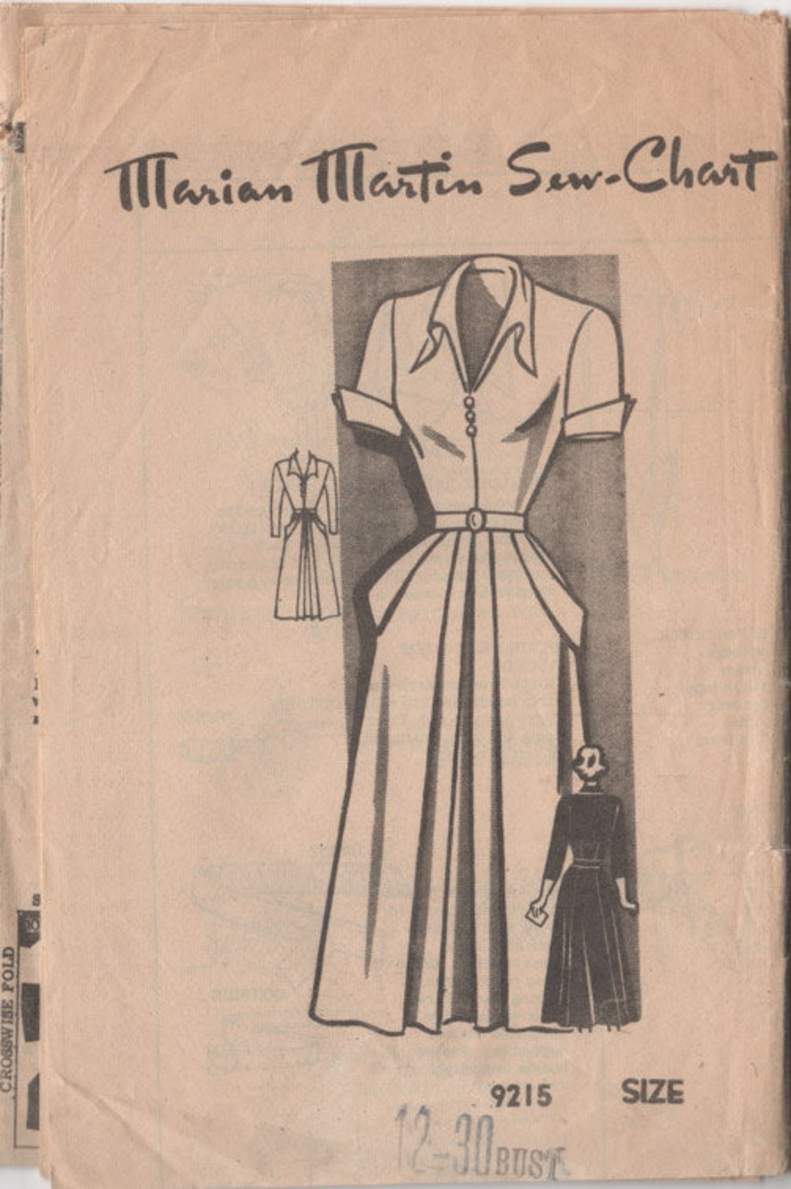 Vintage 1940s V Neckline Dress Pattern w/ Front Pleat With Etsy