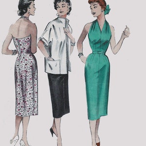 Könnte beinhalten: Illustration von drei Vintage-Kleidern. Das erste ist ein trägerloses Kleid mit Blumenmuster. Das zweite ist eine weiße Jacke mit einem schwarzen Rock. Das dritte ist ein grünes Neckholder-Kleid mit Gürtel. Alle drei Frauen tragen Absätze.