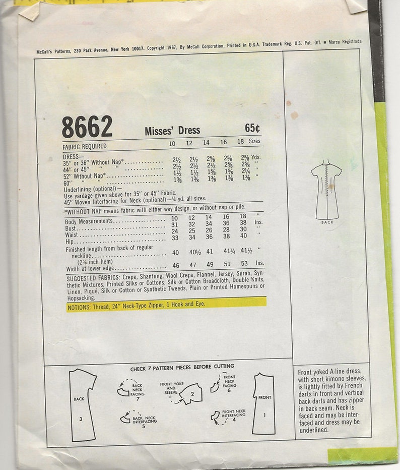 Vintage 1960s Mod A Line Dress Kimono Sleeve Yoked French Darts Sewing Pattern McCalls 8662 60s Pattern Size 10 Bust 31 image 3