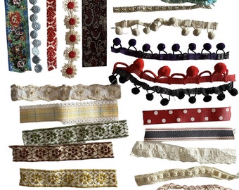 Vintage 33 Piece Vintage Ribbon Trim 6" long fabric-Embellishment pack REMNANTS for Junk Journal Mixed Media Crafts
