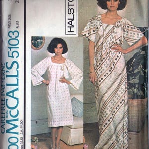 May include: Vintage McCall's 5103 sewing pattern featuring a Halston design for a Misses' dress. The pattern cover displays two women modeling the dress, with a white and brown geometric pattern. The bust size is 82.5 cm.