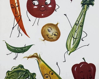 Original Vintage 1950s Kitchy Anthropomorphic Veggies Appli-Press Fabric Applique UNCUT